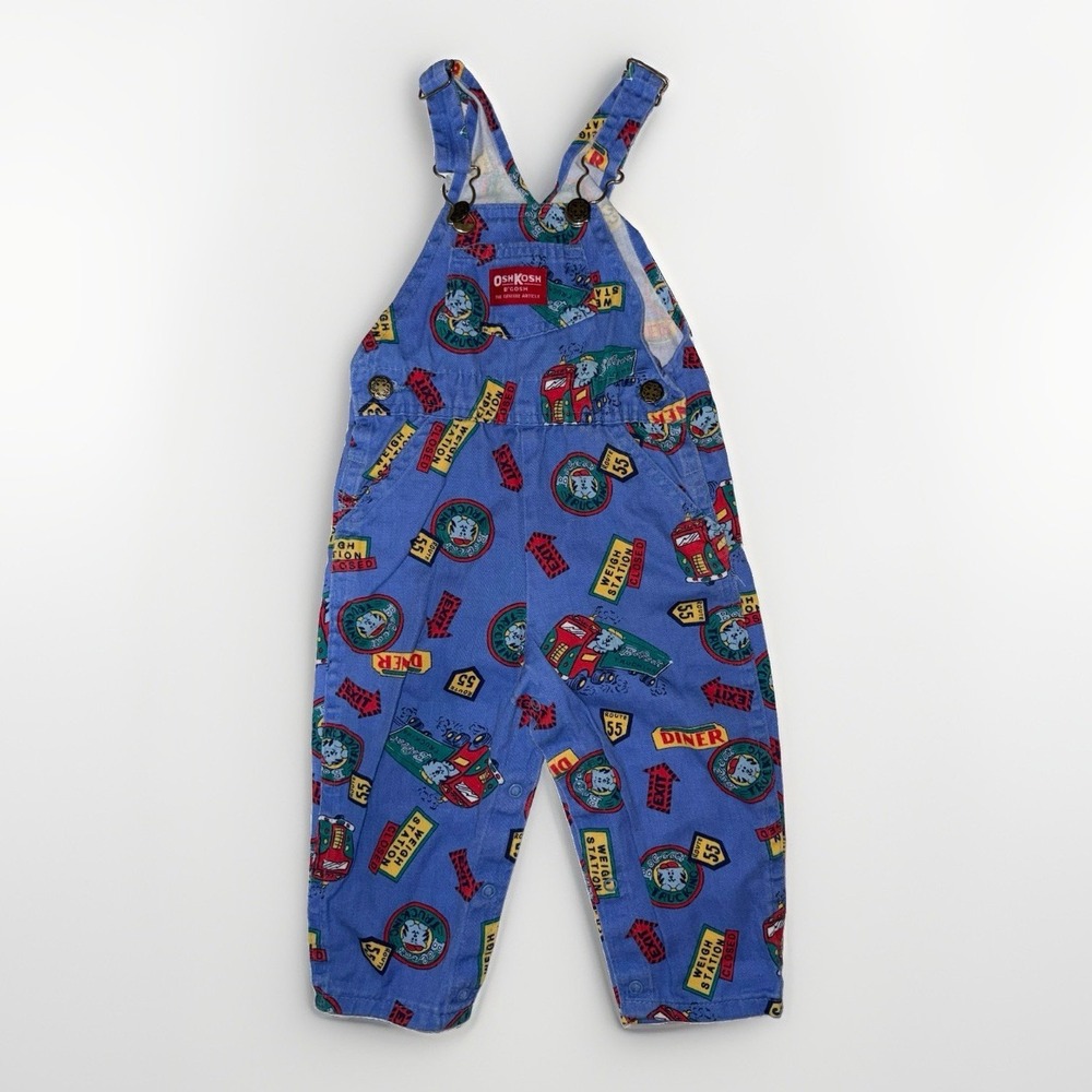 Vintage OshKosh B'Gosh 24M Boys Bobcat Truck Print Overalls USA 90s Route 55
